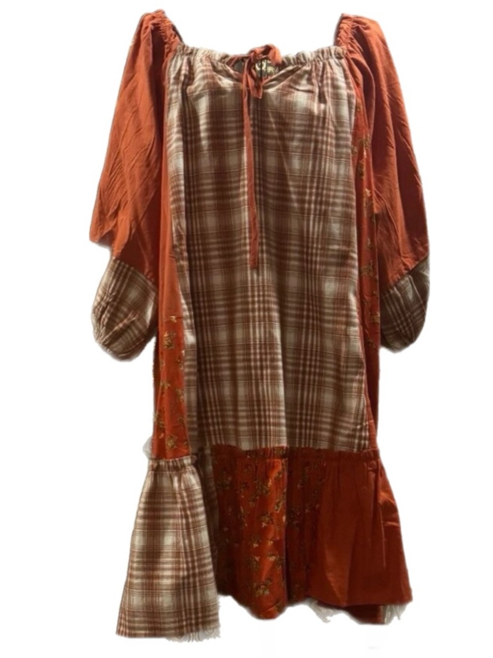 Easel Patchwork Plaid Floral Boho Tunic Mini Dress L NWT Orange - Picture 4 of 8
